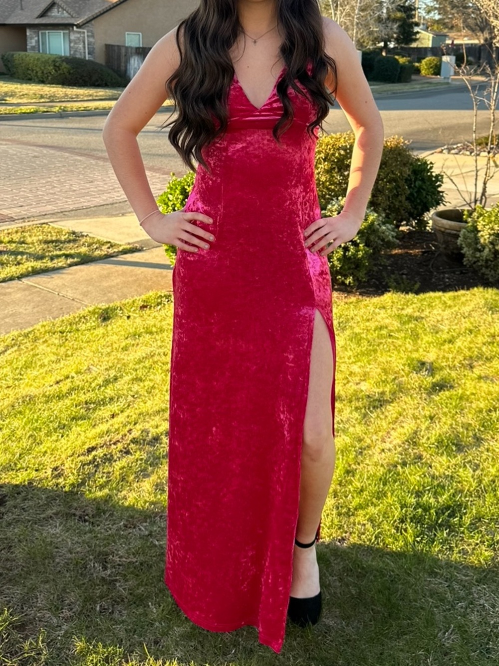 Lulu's Hot Pink Velvet Dress with Spaghetti Straps